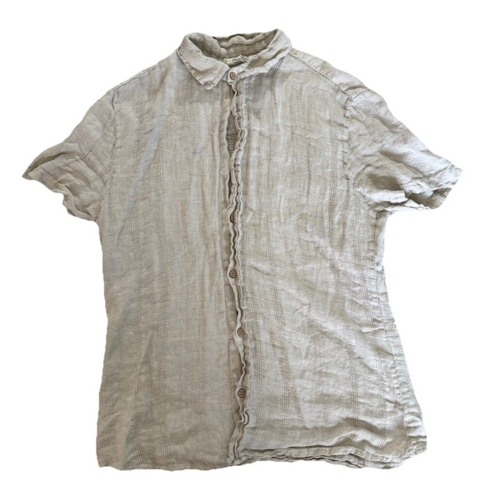 Puro Lino Mens Medium Button Up Shirt Beige 100% Linen Italy S/S Textured